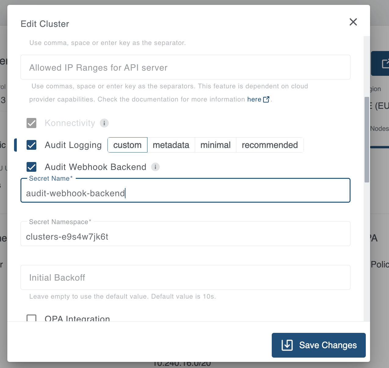 Edit Cluster webhook backend